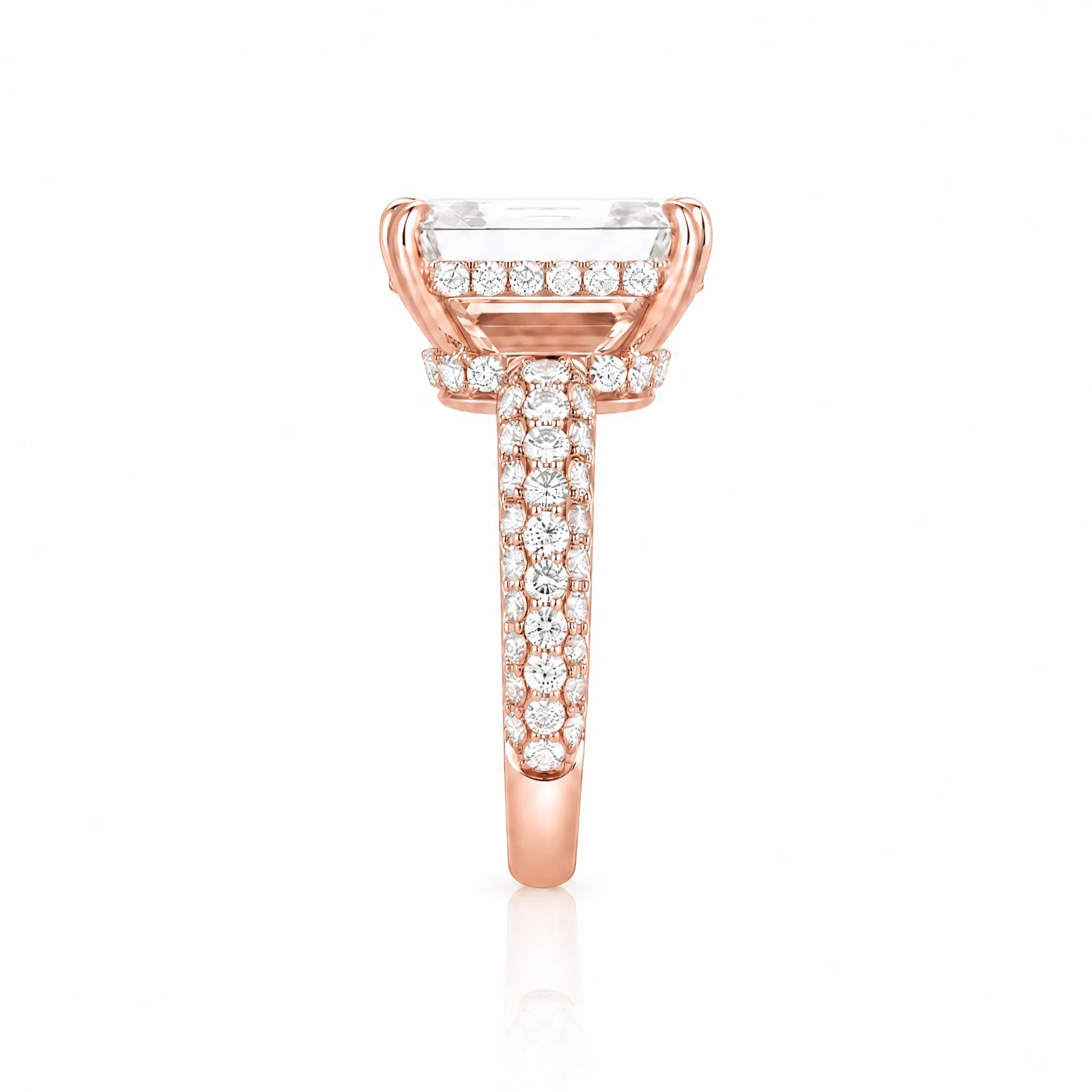 Emerald-Cut Lab-Grown Diamond Solitaire Ring with Three-Row Pavé - Rose