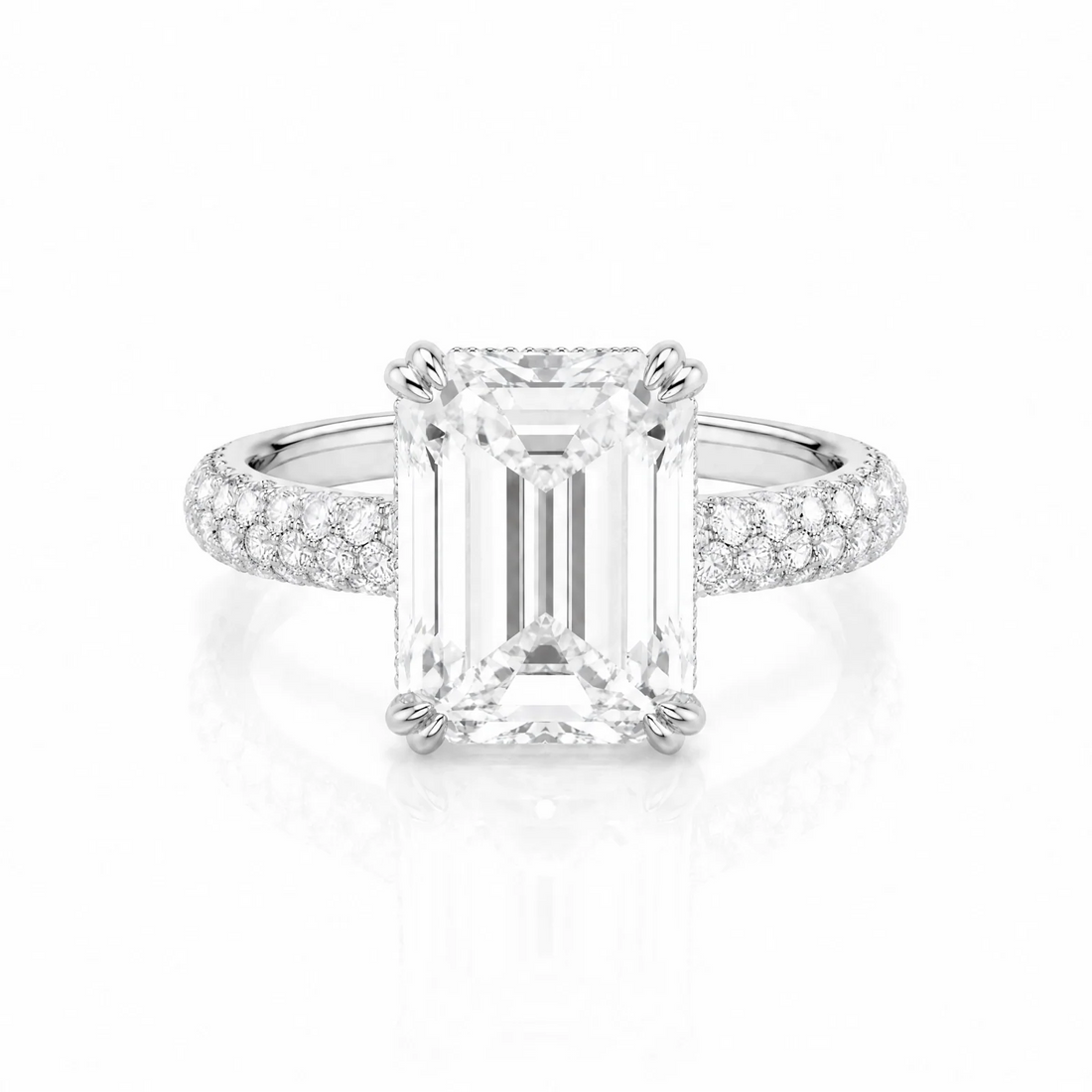 Emerald-Cut Lab-Grown Diamond Solitaire Ring with Three-Row Pavé - White Gold