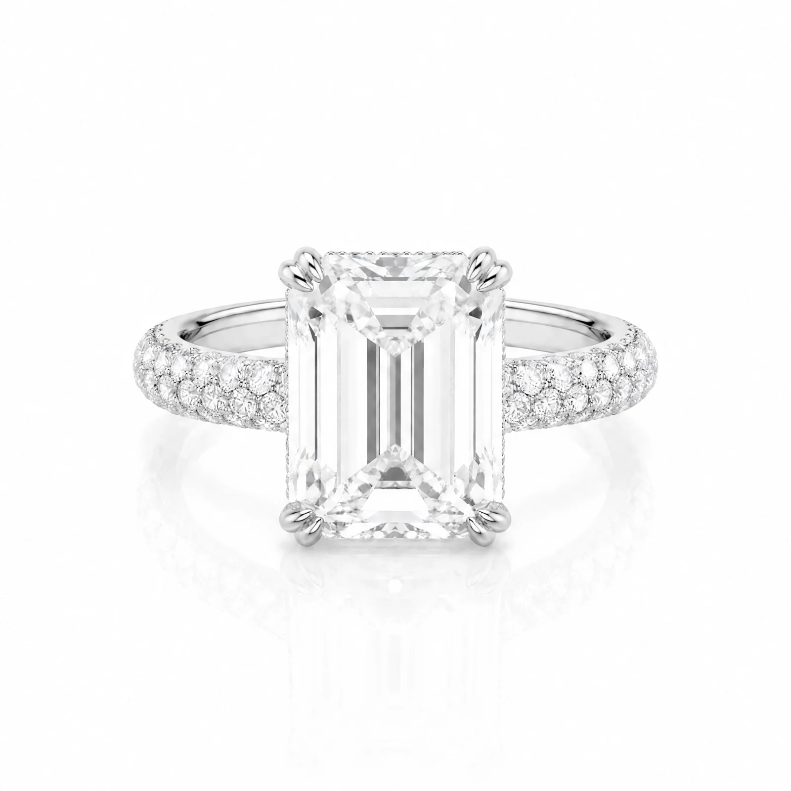Emerald-Cut Lab-Grown Diamond Solitaire Ring with Three-Row Pavé - White