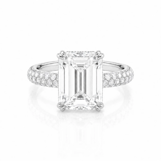 Emerald-Cut Lab-Grown Diamond Solitaire Ring with Three-Row Pavé - White