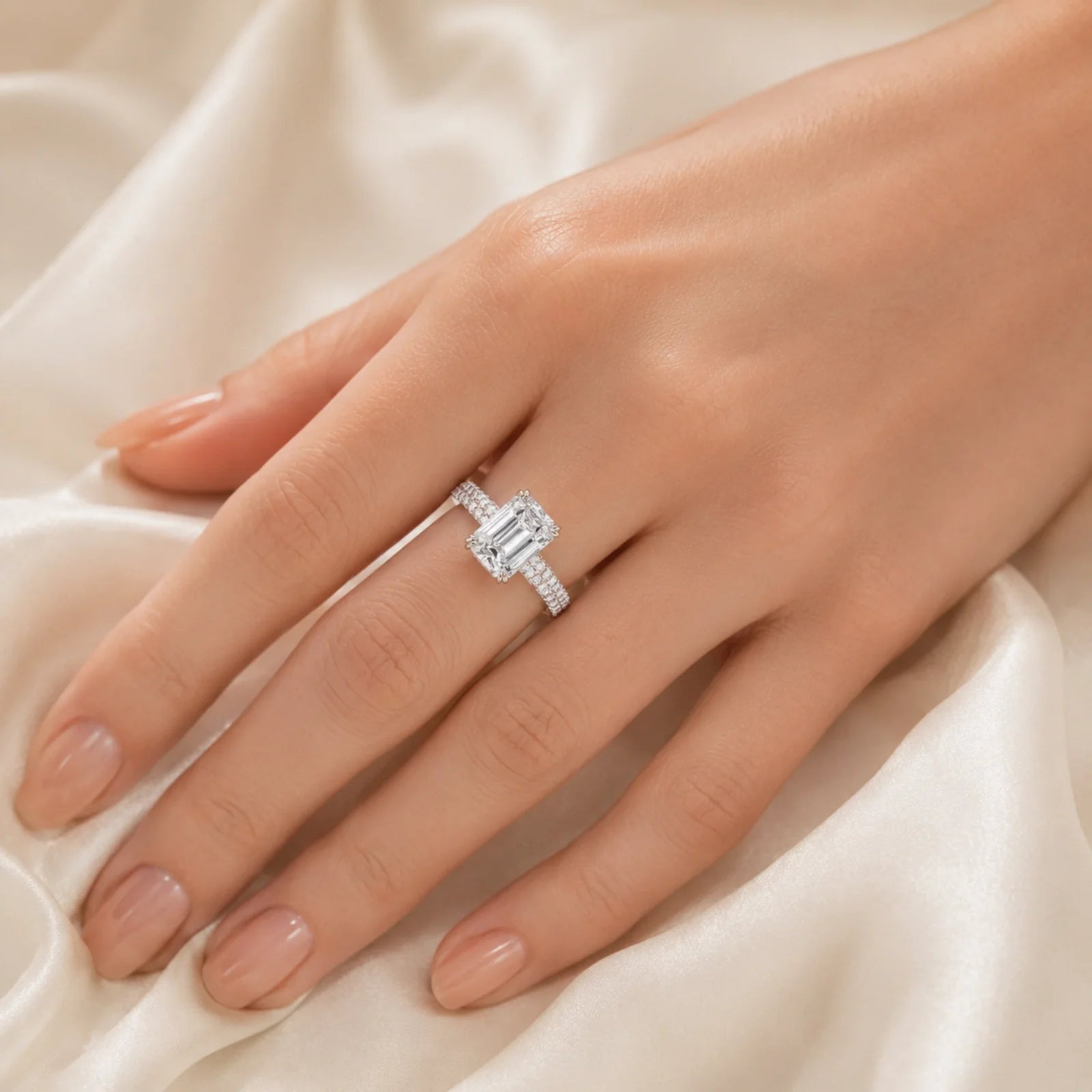 Emerald-Cut Lab-Grown Diamond Solitaire Ring with Three-Row Pavé - White