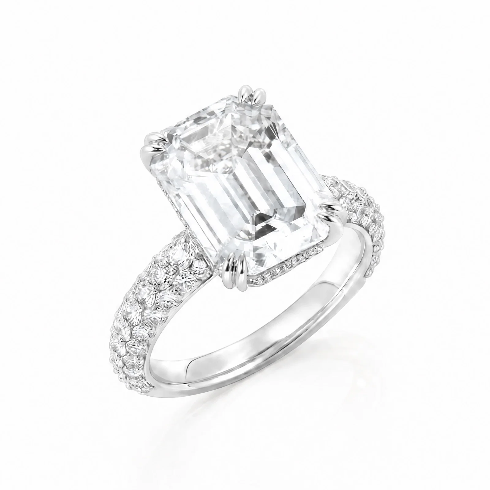Emerald-Cut Lab-Grown Diamond Solitaire Ring with Three-Row Pavé - White