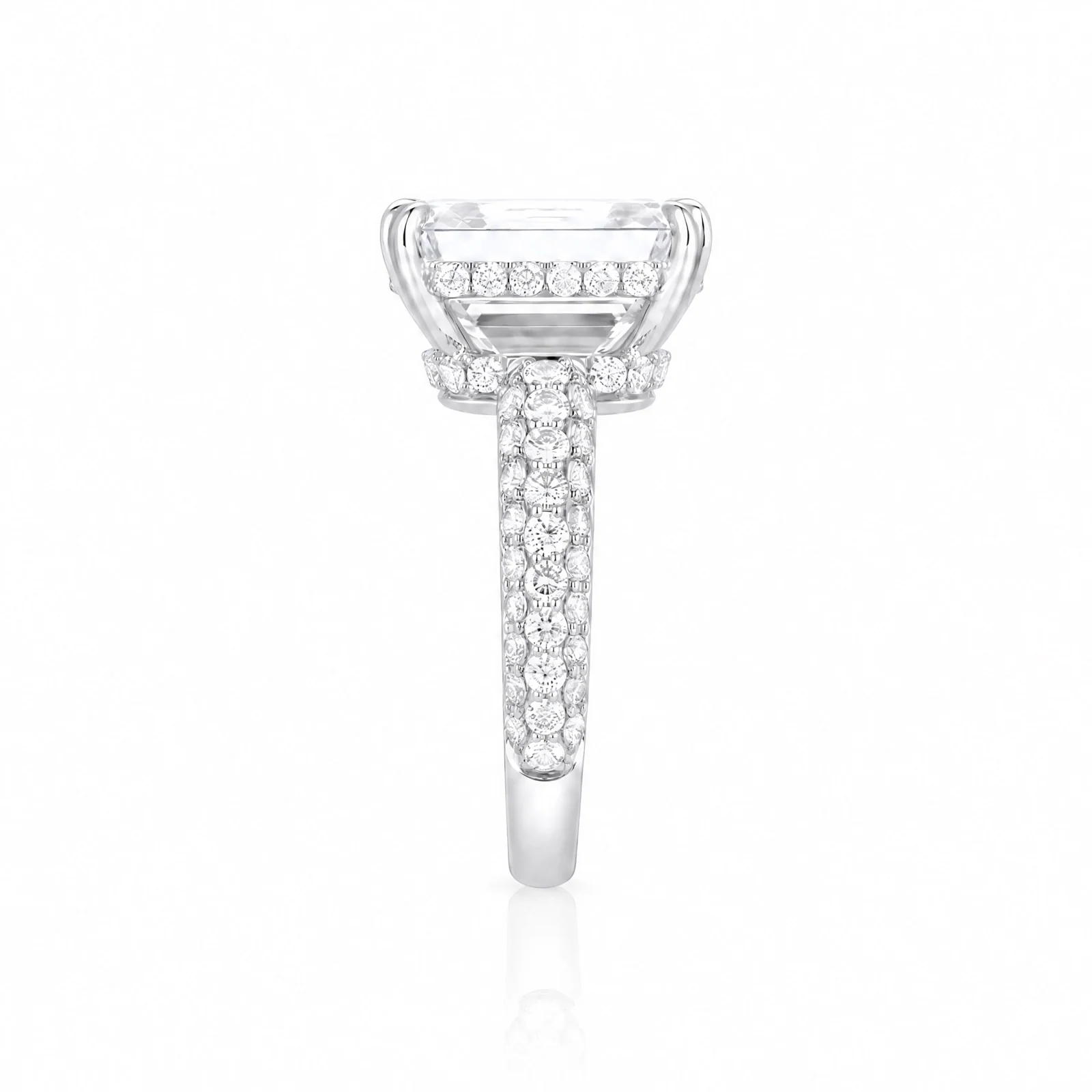 Emerald-Cut Lab-Grown Diamond Solitaire Ring with Three-Row Pavé - White