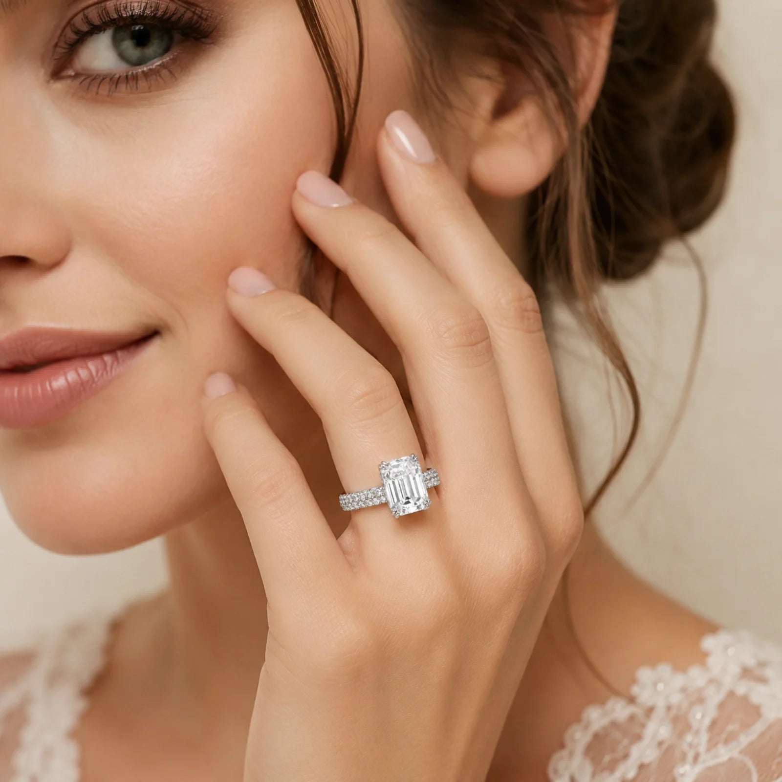 Emerald-Cut Lab-Grown Diamond Solitaire Ring with Three-Row Pavé - White