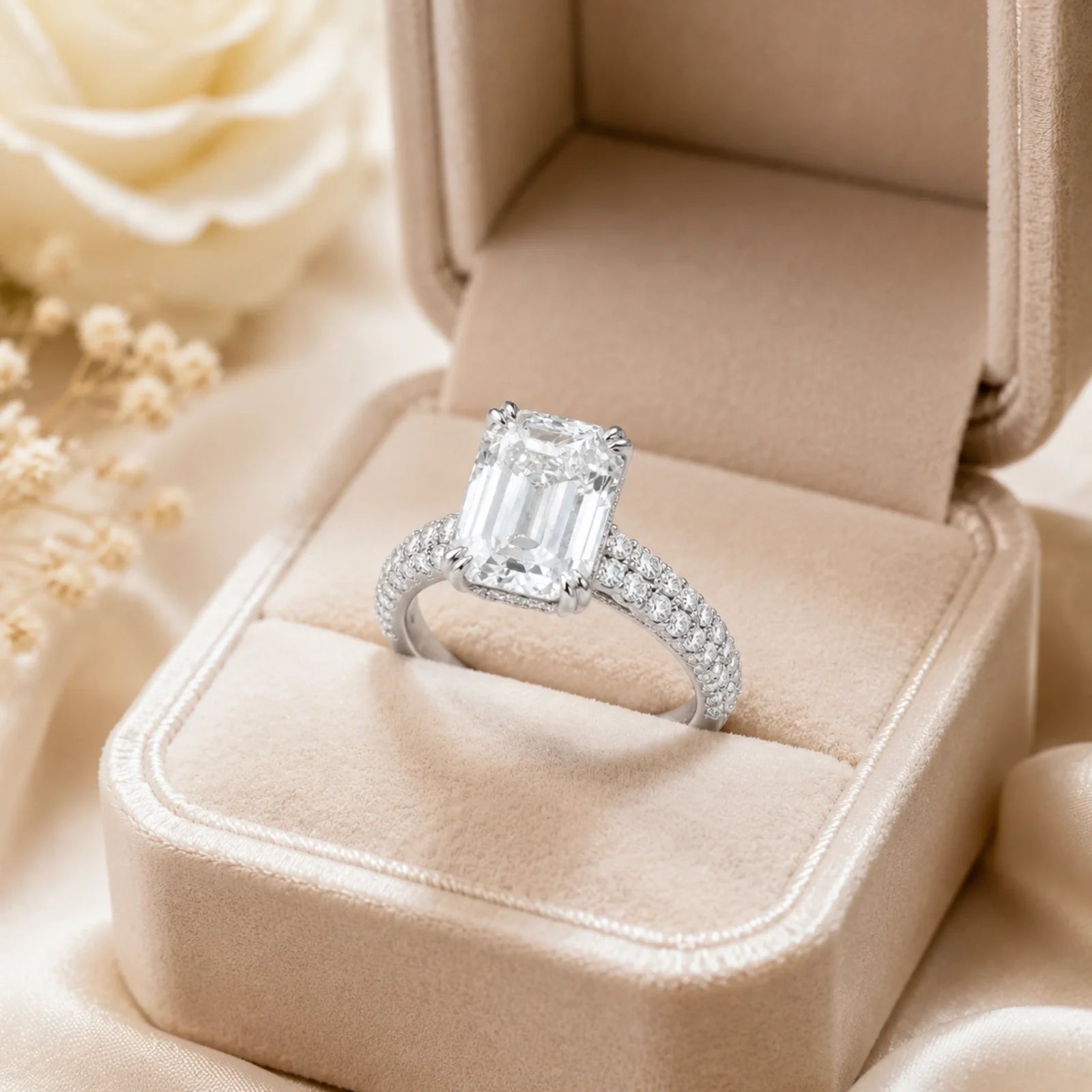 Emerald-Cut Lab-Grown Diamond Solitaire Ring with Three-Row Pavé - White