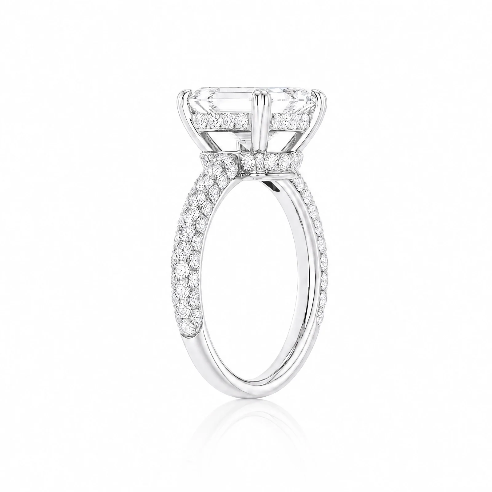 Emerald-Cut Lab-Grown Diamond Solitaire Ring with Three-Row Pavé - White