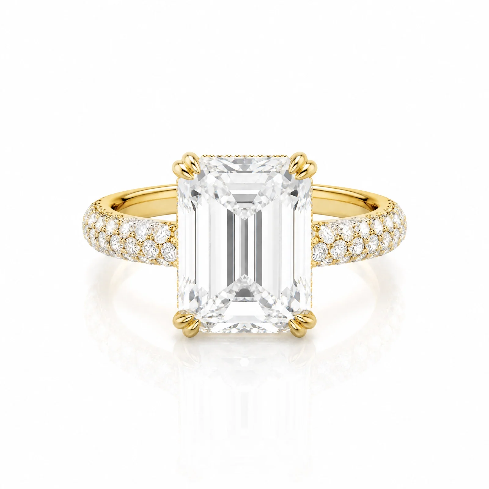 Emerald-Cut Lab-Grown Diamond Solitaire Ring with Three-Row Pavé - Yellow