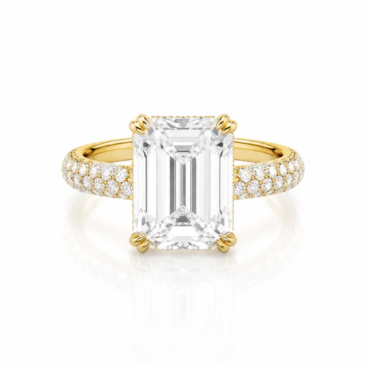 Emerald-Cut Lab-Grown Diamond Solitaire Ring with Three-Row Pavé - Yellow