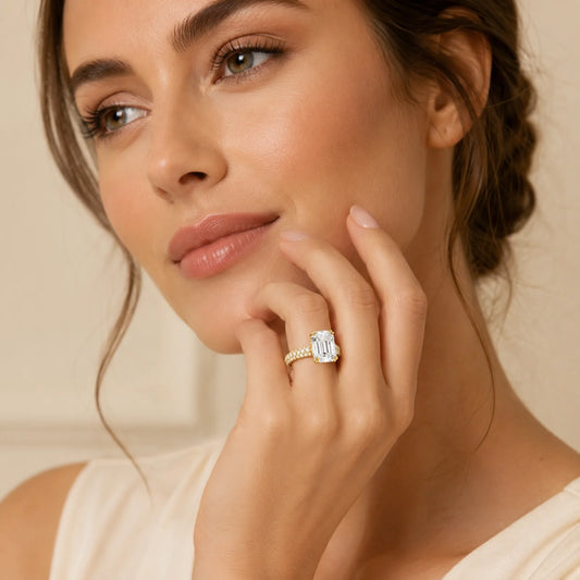 Emerald-Cut Lab-Grown Diamond Solitaire Ring with Three-Row Pavé - Yellow