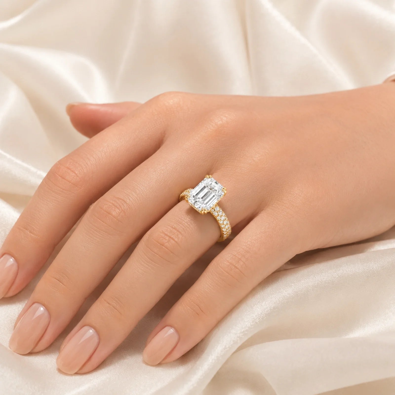 Emerald-Cut Lab-Grown Diamond Solitaire Ring with Three-Row Pavé - Yellow