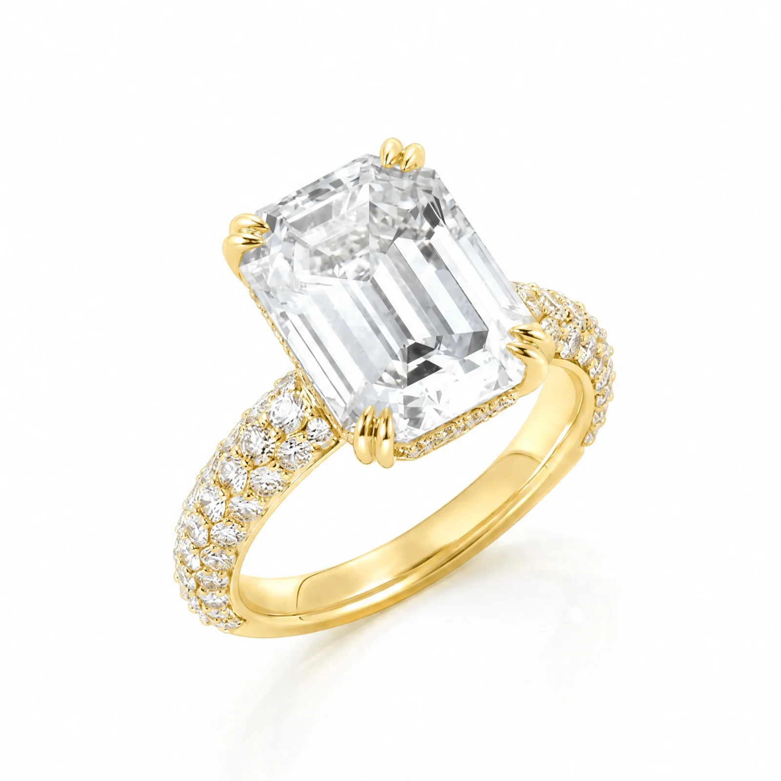 Emerald-Cut Lab-Grown Diamond Solitaire Ring with Three-Row Pavé - Yellow