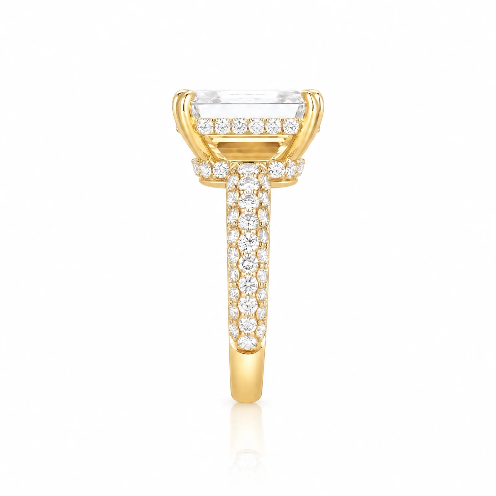 Emerald-Cut Lab-Grown Diamond Solitaire Ring with Three-Row Pavé - Yellow