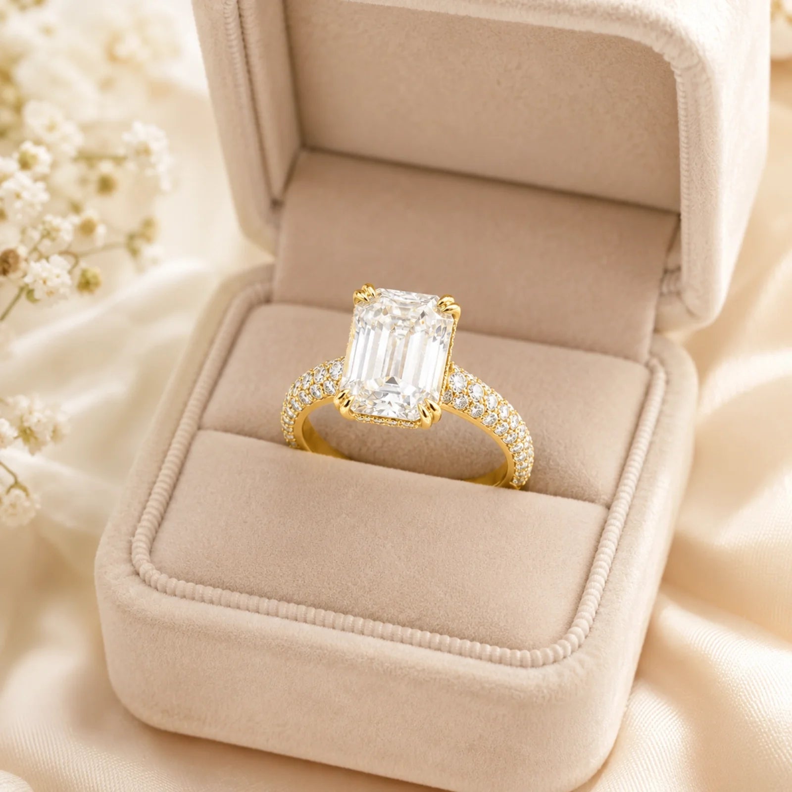 Emerald-Cut Lab-Grown Diamond Solitaire Ring with Three-Row Pavé - Yellow