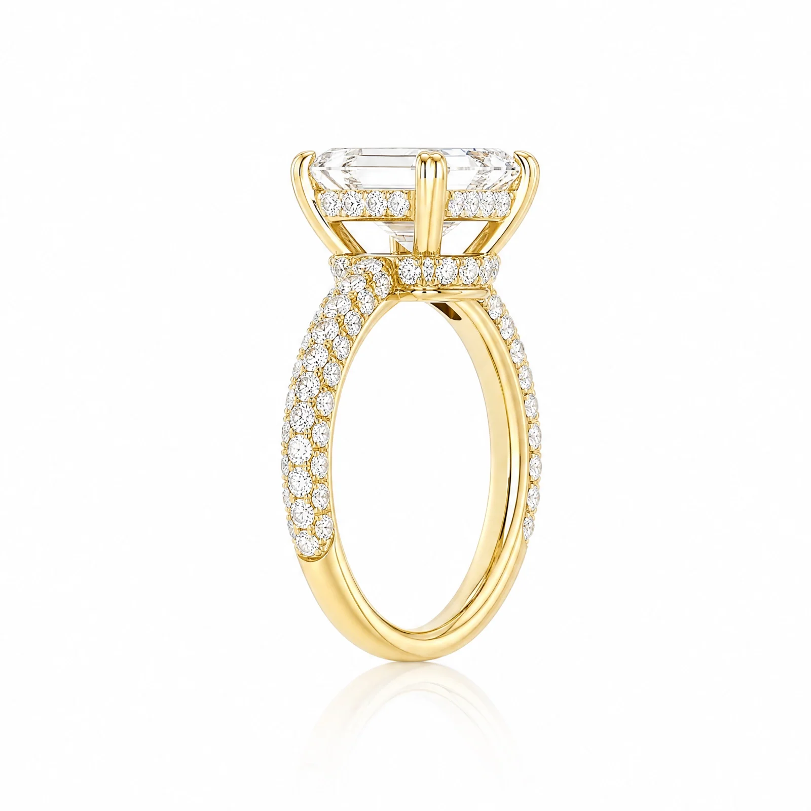 Emerald-Cut Lab-Grown Diamond Solitaire Ring with Three-Row Pavé - Yellow