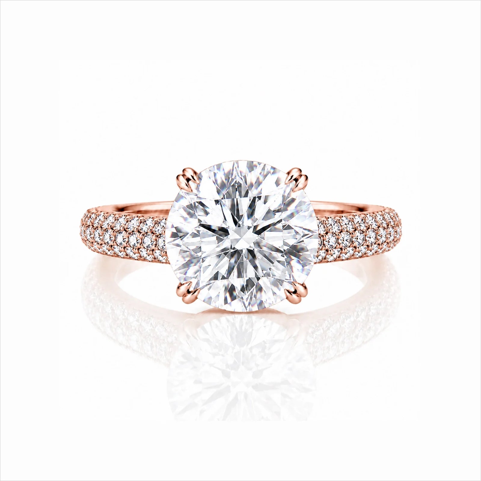 Round Brilliant Lab-Grown Diamond Solitaire Ring with Three-Row Pavé - Rose