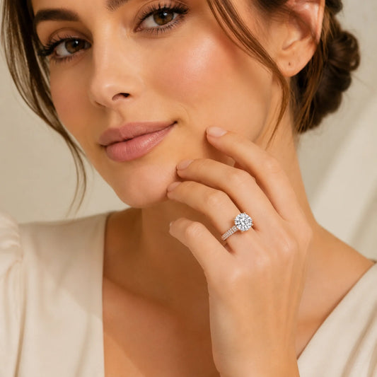 Round Brilliant Lab-Grown Diamond Solitaire Ring with Three-Row Pavé - Rose
