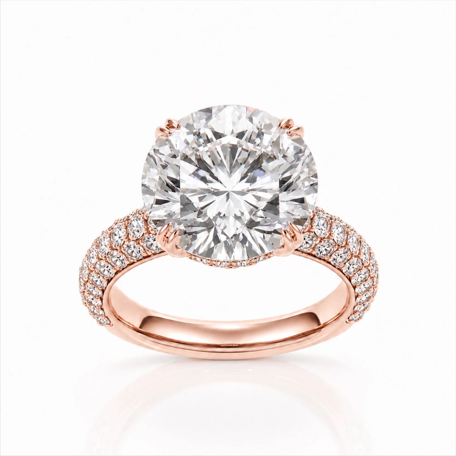 Round Brilliant Lab-Grown Diamond Solitaire Ring with Three-Row Pavé - Rose