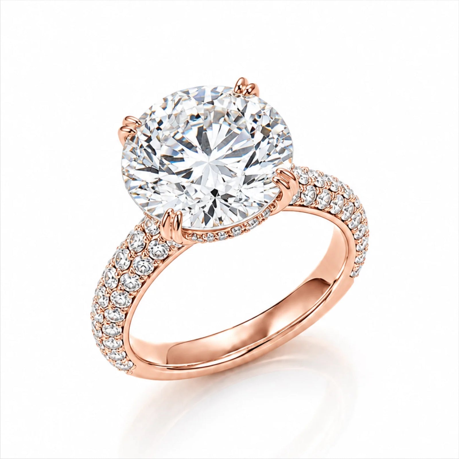 Round Brilliant Lab-Grown Diamond Solitaire Ring with Three-Row Pavé - Rose