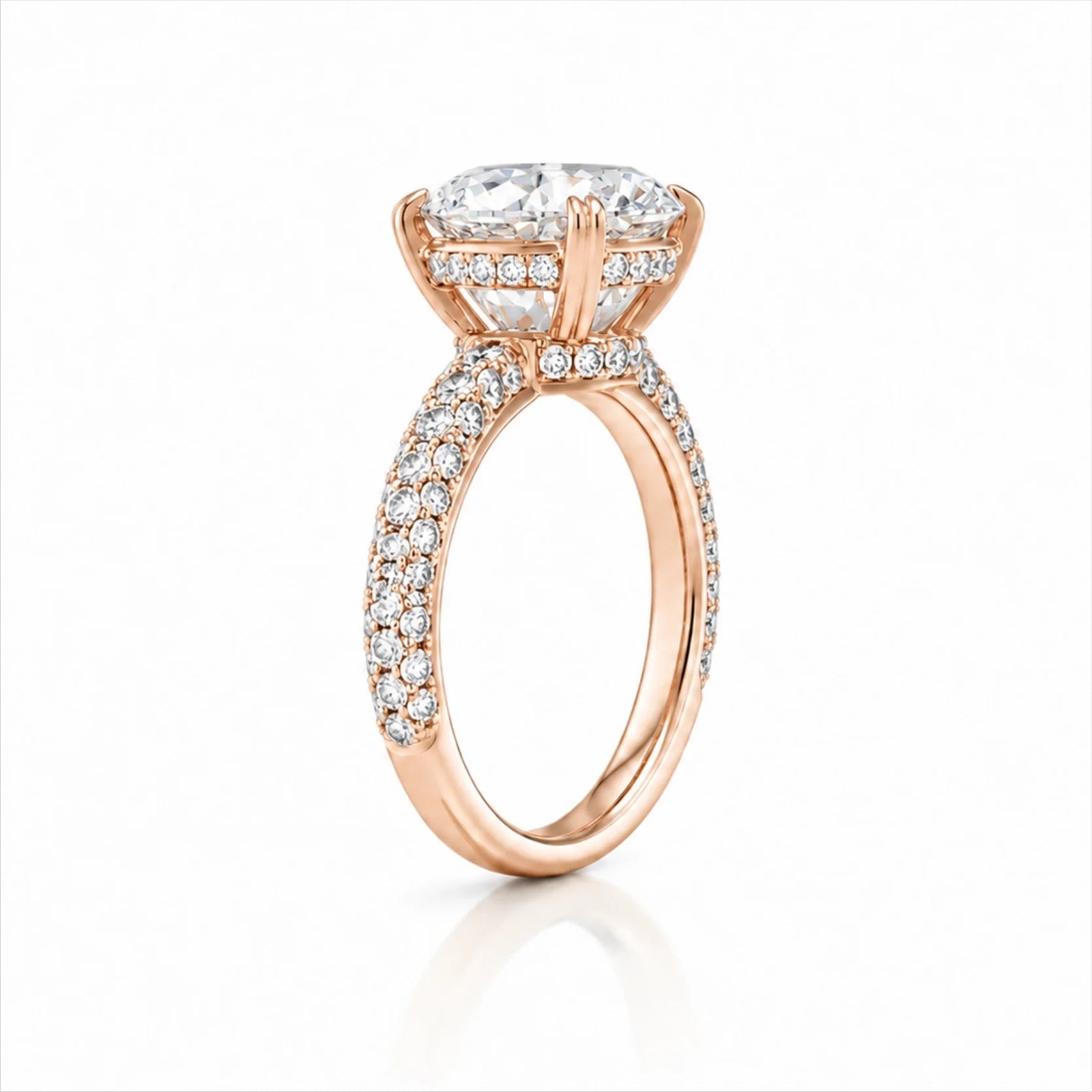 Round Brilliant Lab-Grown Diamond Solitaire Ring with Three-Row Pavé - Rose