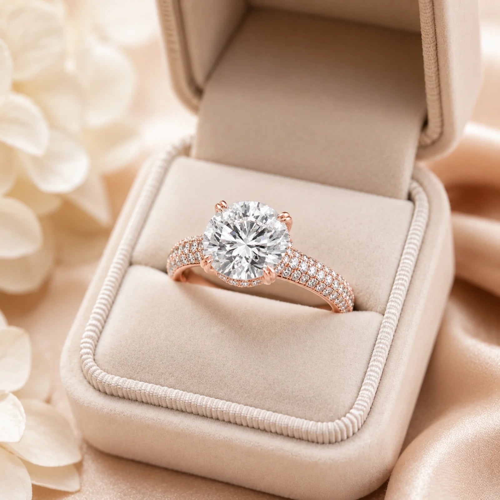 Round Brilliant Lab-Grown Diamond Solitaire Ring with Three-Row Pavé - Rose