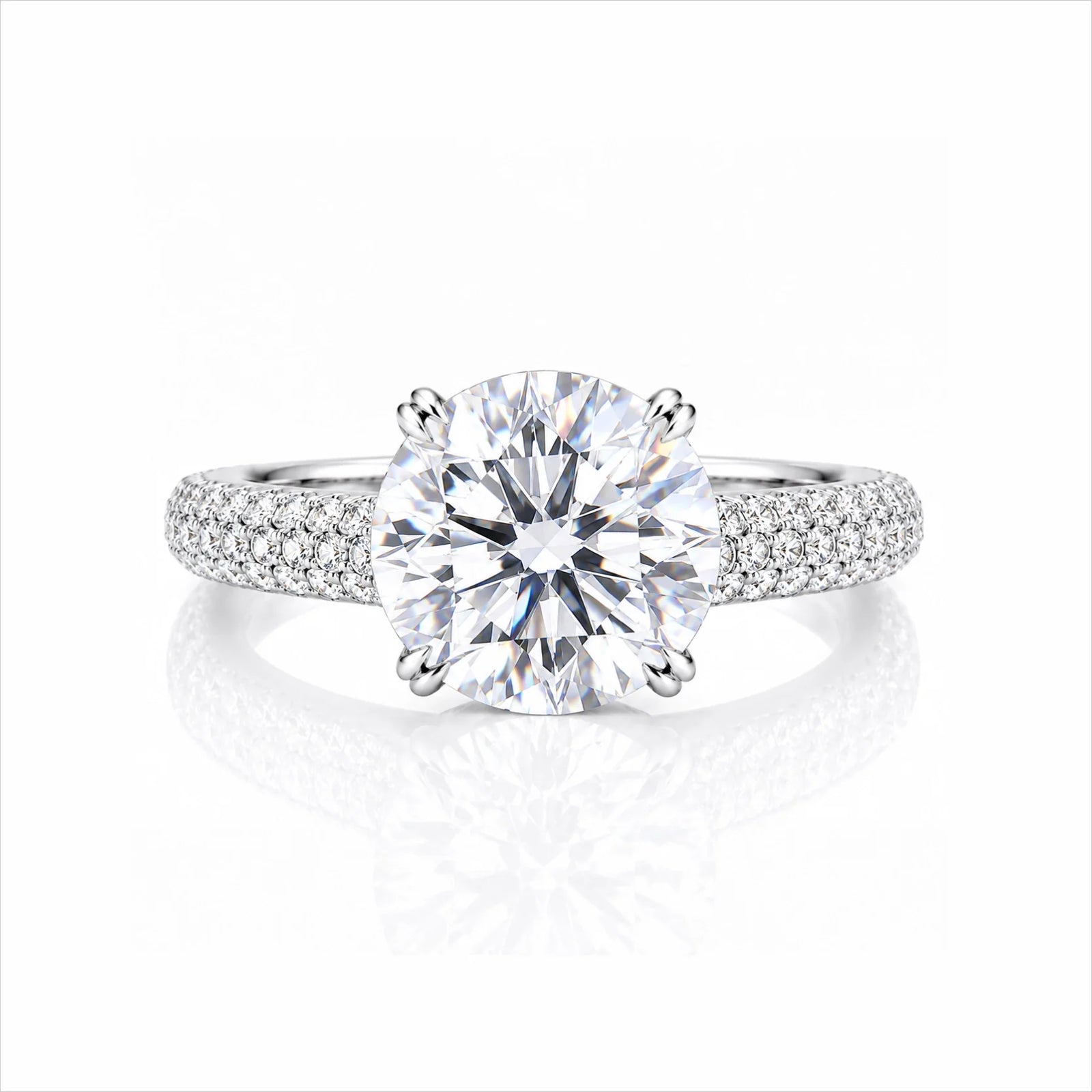 Round Brilliant Lab-Grown Diamond Solitaire Ring with Three-Row Pavé - White