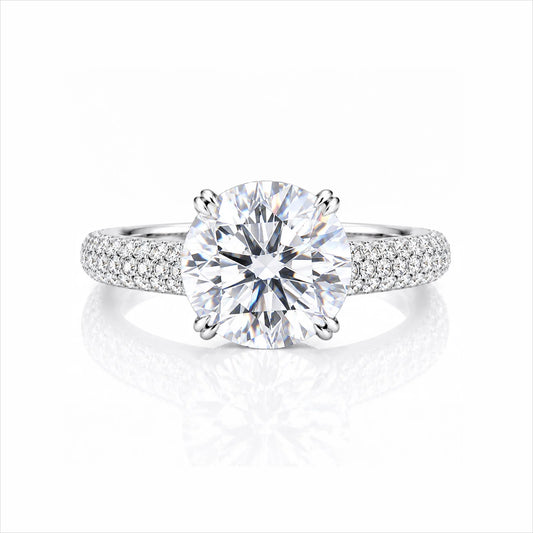 Round Brilliant Lab-Grown Diamond Solitaire Ring with Three-Row Pavé - White