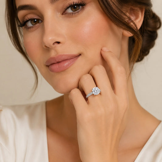 Round Brilliant Lab-Grown Diamond Solitaire Ring with Three-Row Pavé - White