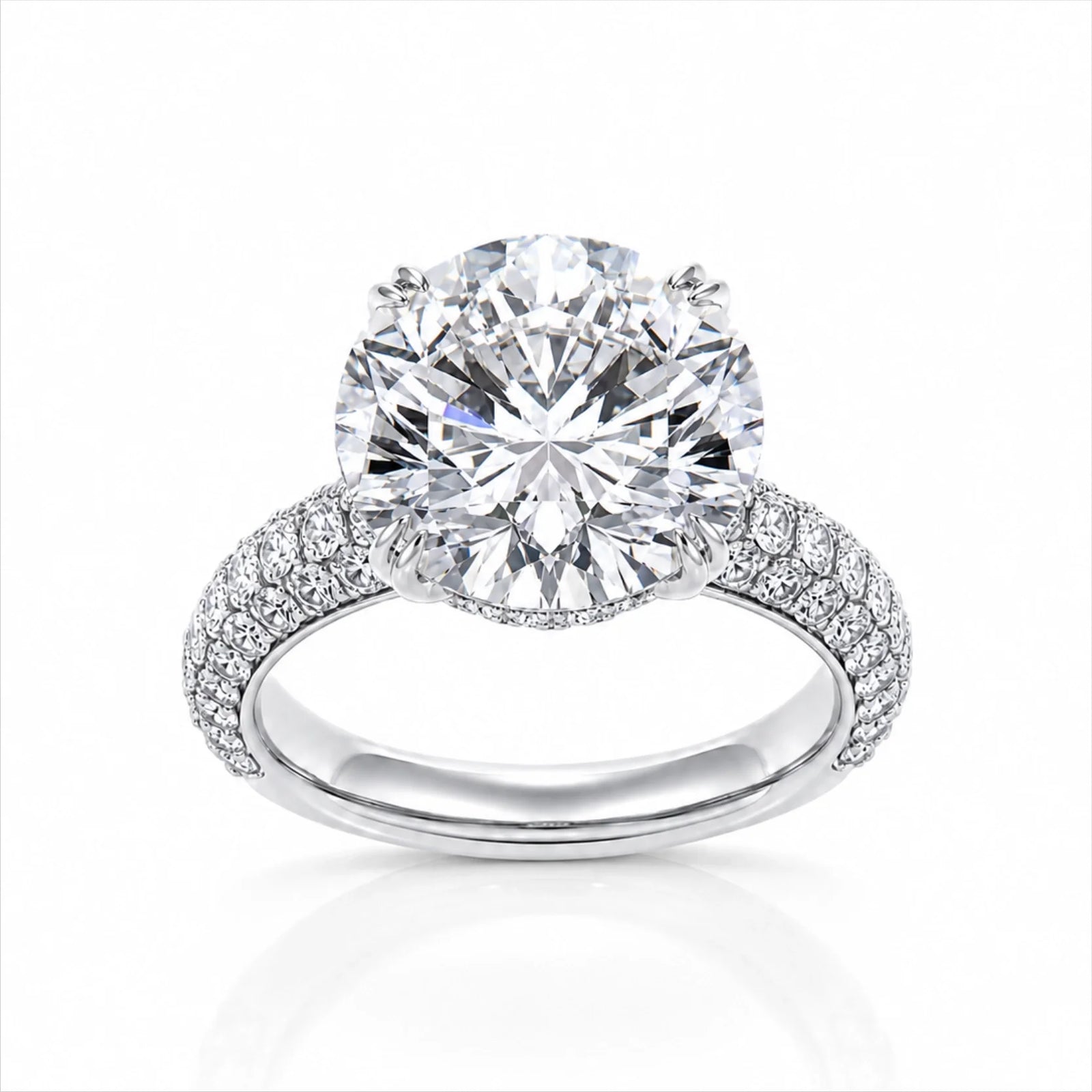 Round Brilliant Lab-Grown Diamond Solitaire Ring with Three-Row Pavé - White