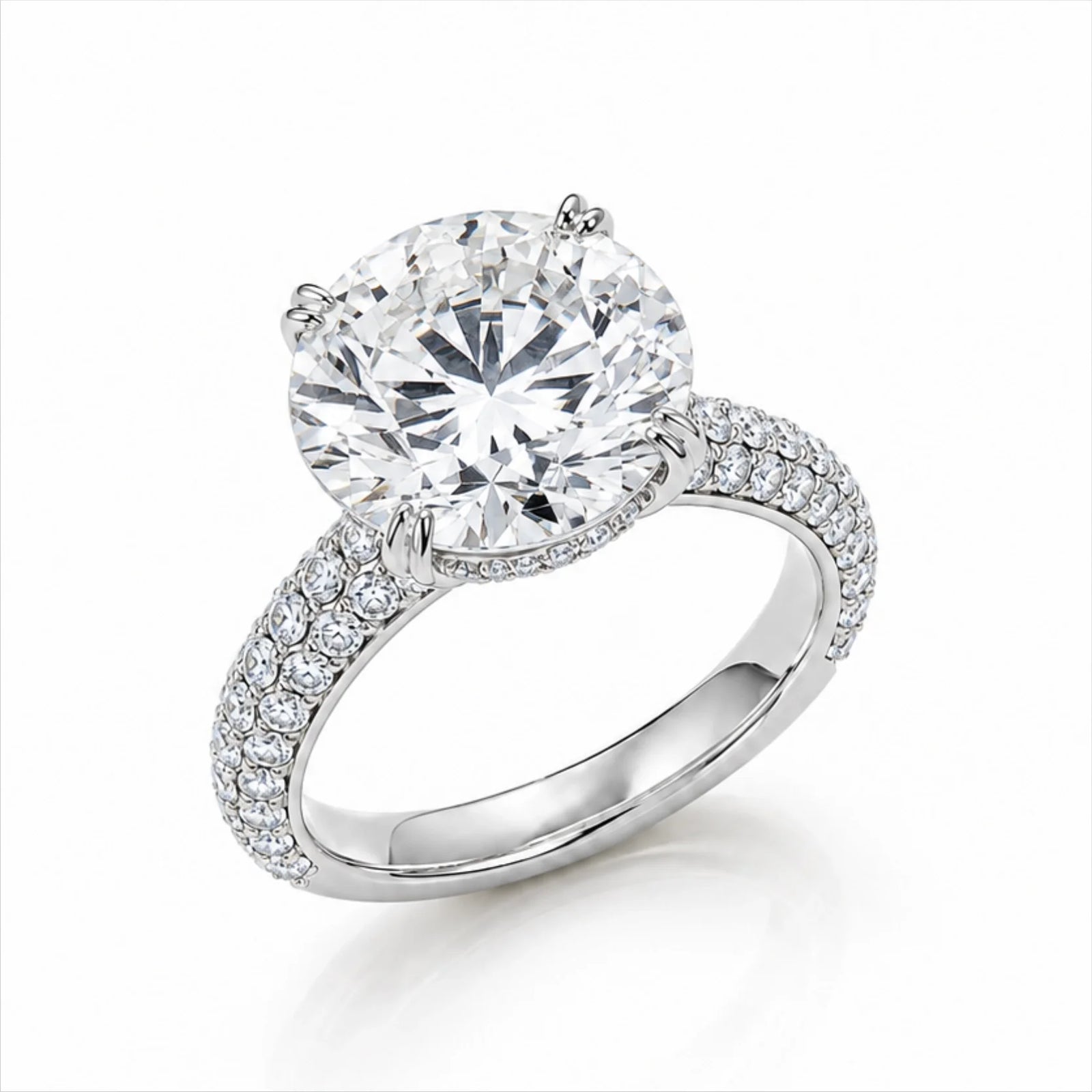 Round Brilliant Lab-Grown Diamond Solitaire Ring with Three-Row Pavé - White