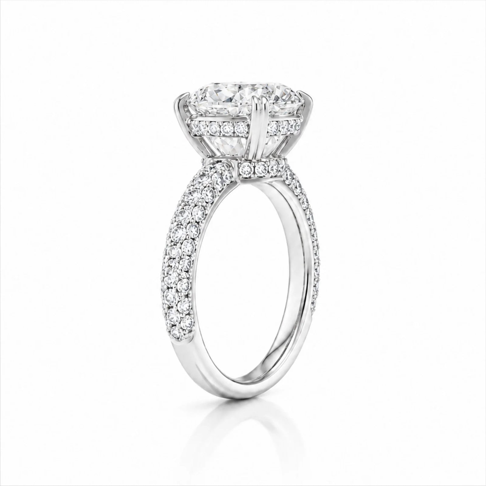 Round Brilliant Lab-Grown Diamond Solitaire Ring with Three-Row Pavé - White