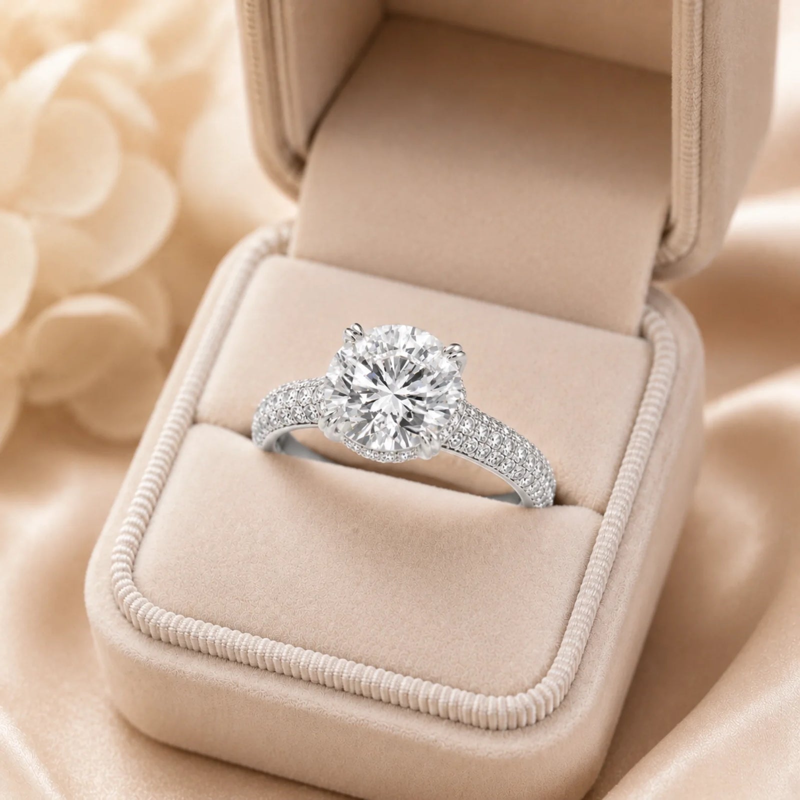 Round Brilliant Lab-Grown Diamond Solitaire Ring with Three-Row Pavé - White