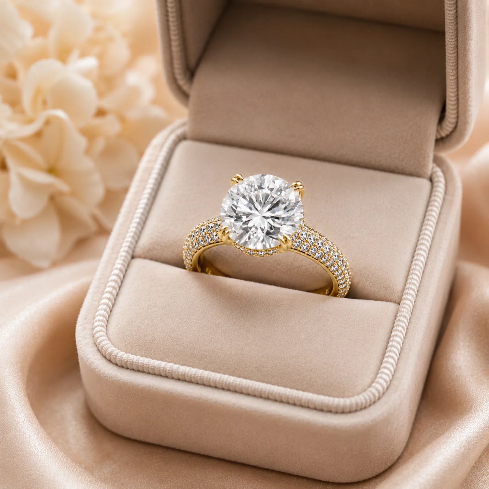 Round Brilliant Lab-Grown Diamond Solitaire Ring with Three-Row Pavé - Yellow