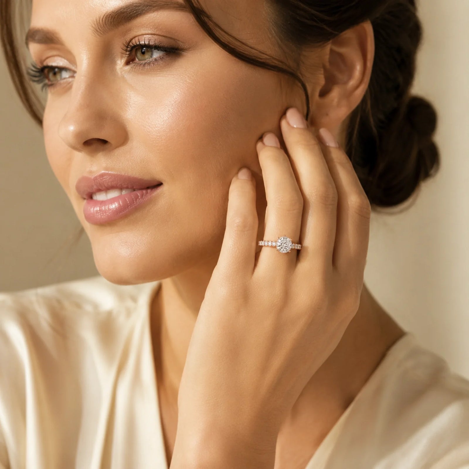 Round Brilliant Lab-Grown Diamond Solitaire Ring with Pavé Band - Rose