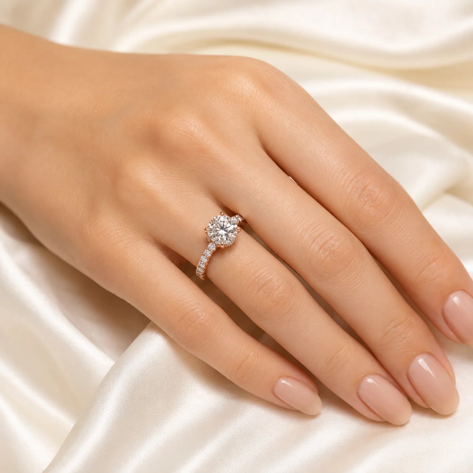 Round Brilliant Lab-Grown Diamond Solitaire Ring with Pavé Band - Rose