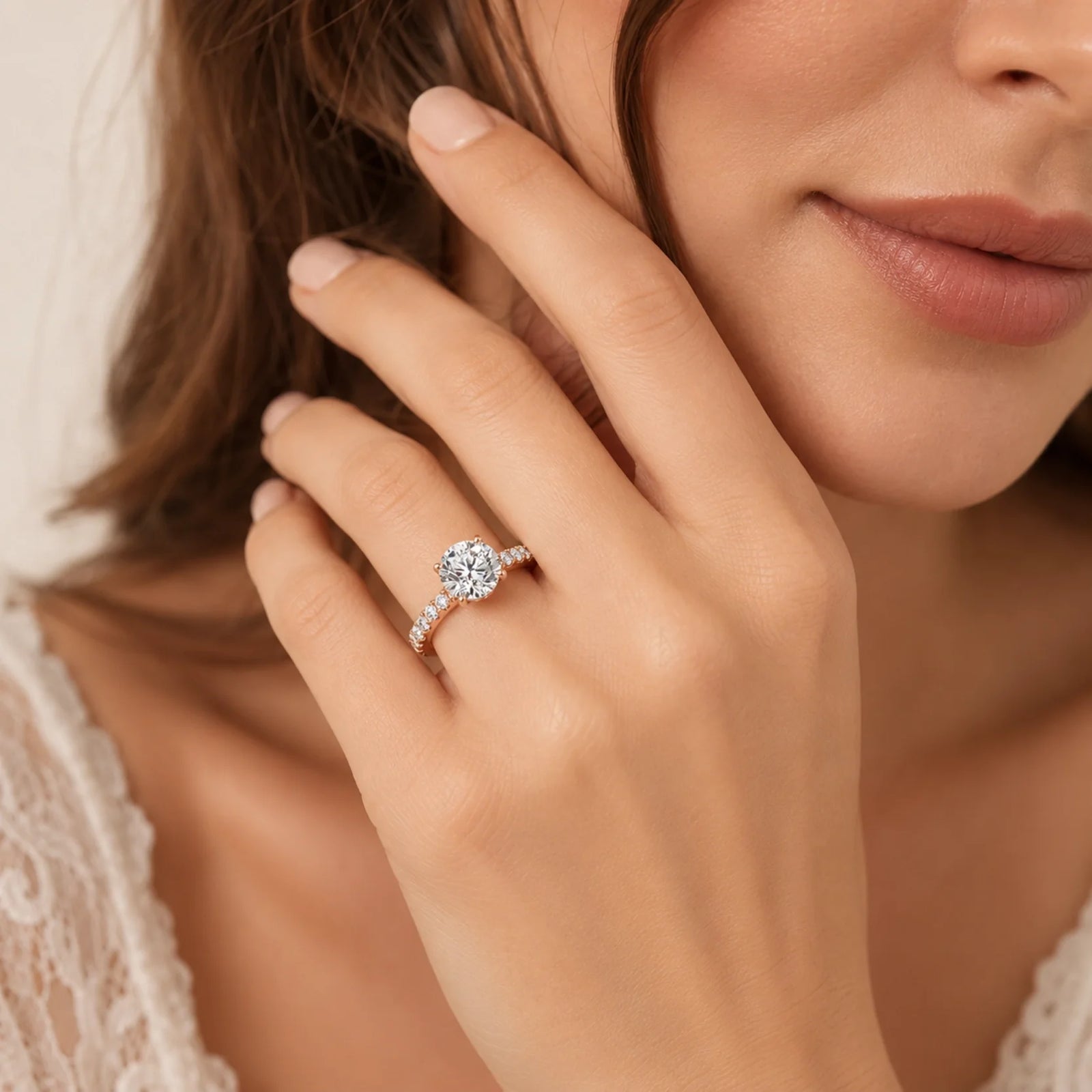 Round Brilliant Lab-Grown Diamond Solitaire Ring with Pavé Band - Rose