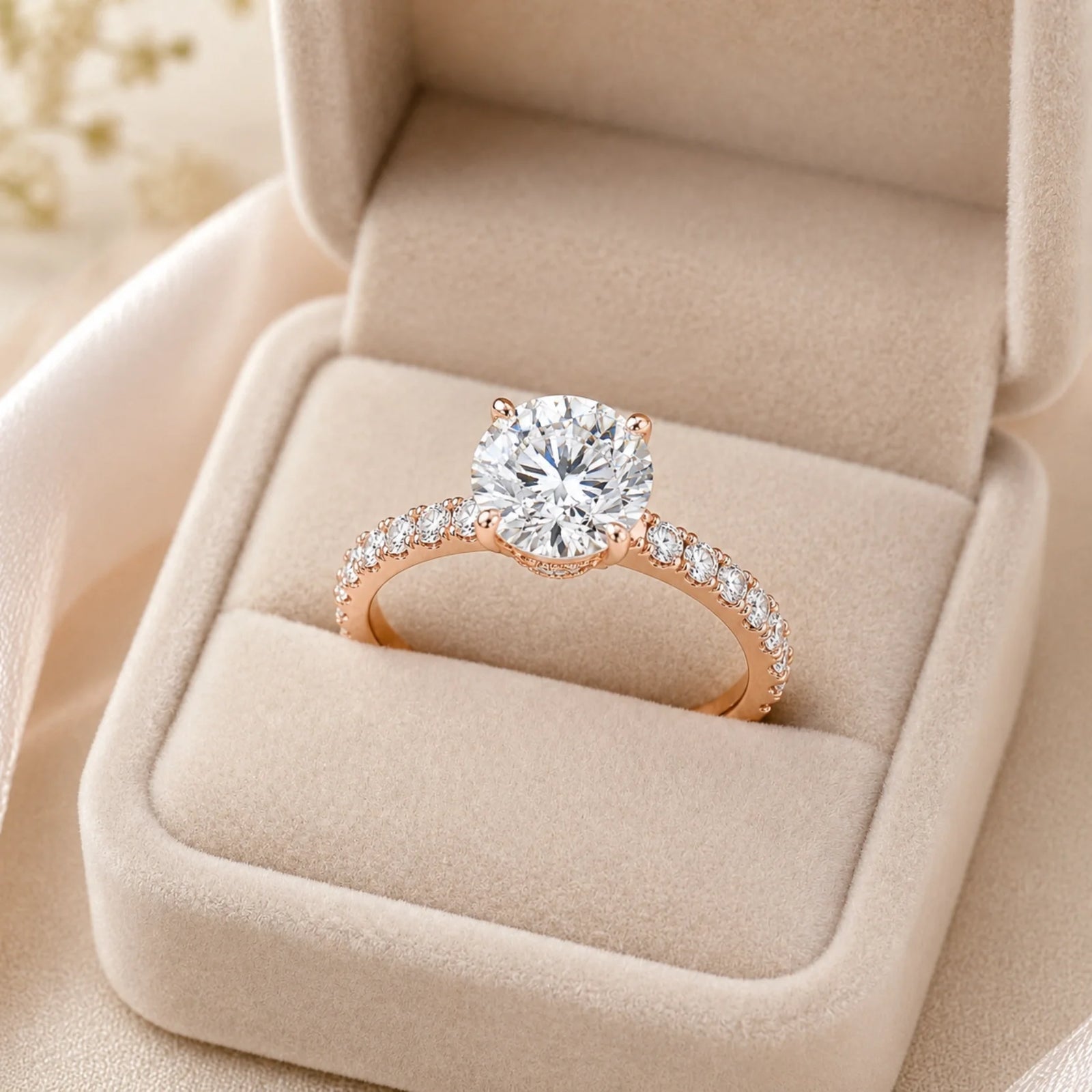 Round Brilliant Lab-Grown Diamond Solitaire Ring with Pavé Band - Rose