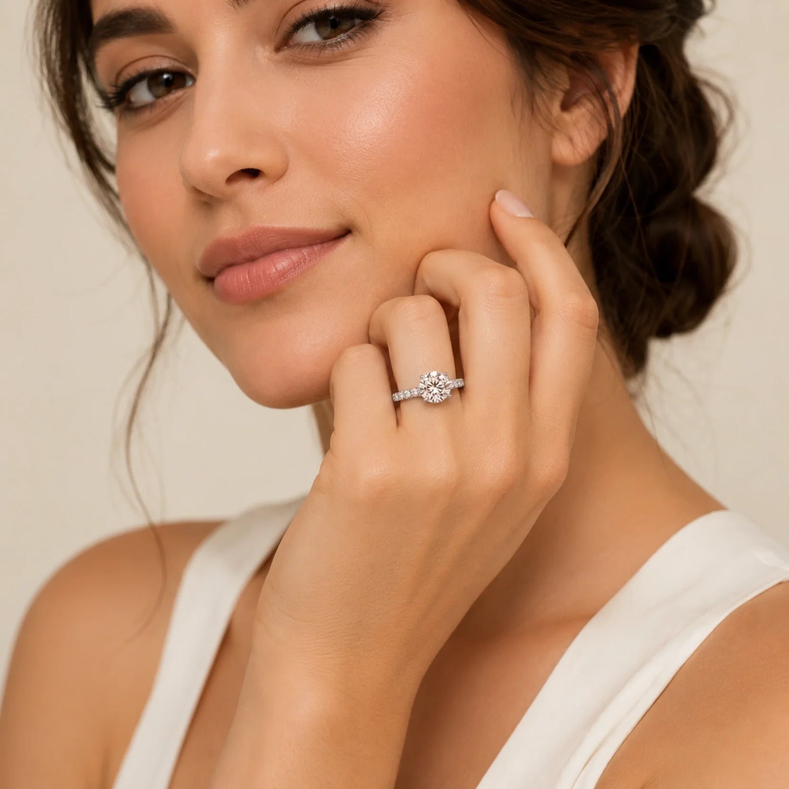 Round Brilliant Lab-Grown Diamond Solitaire Ring with Pavé Band - White
