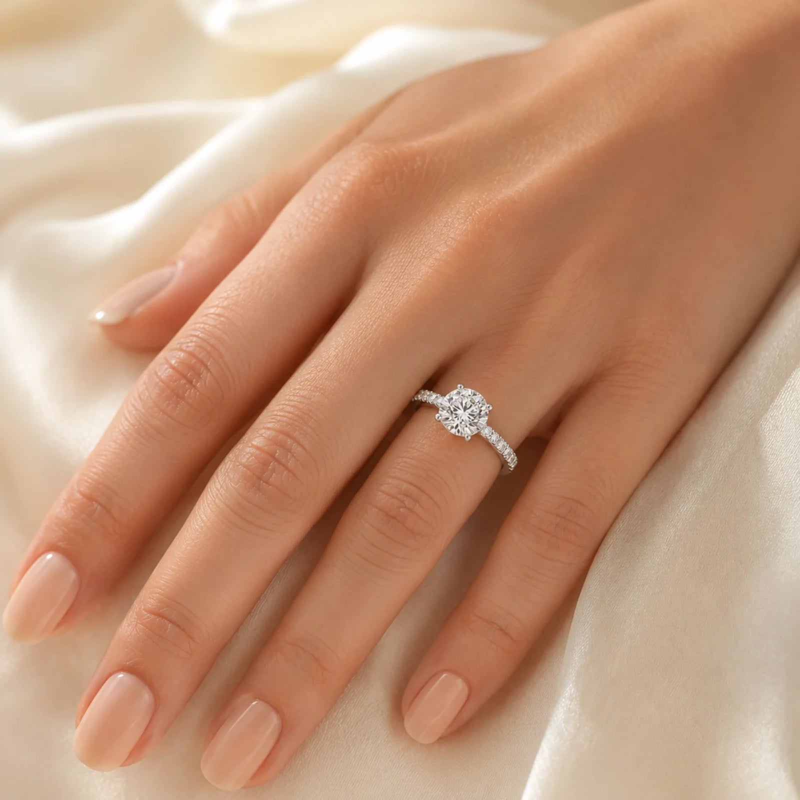 Round Brilliant Lab-Grown Diamond Solitaire Ring with Pavé Band - White