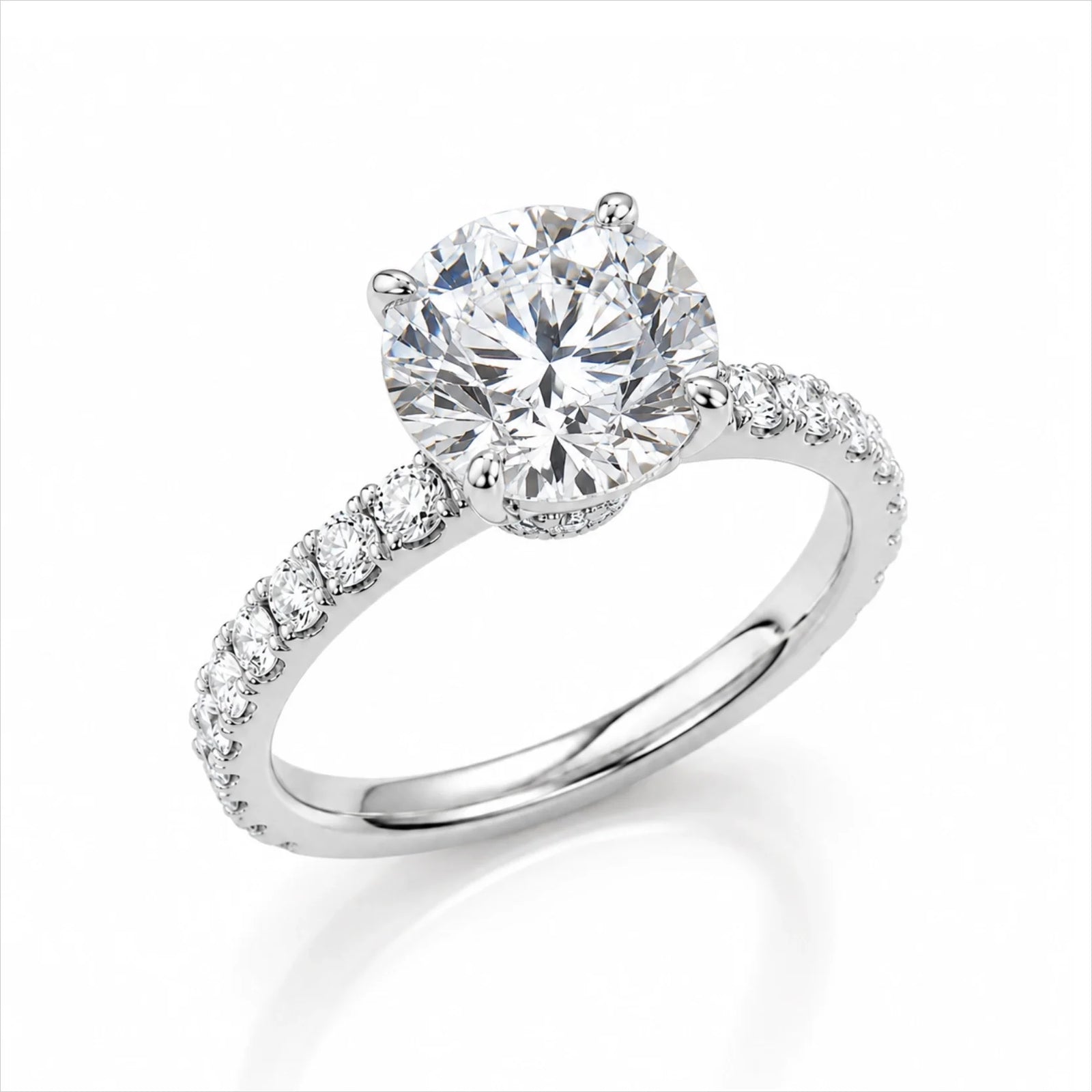 Round Brilliant Lab-Grown Diamond Solitaire Ring with Pavé Band - White