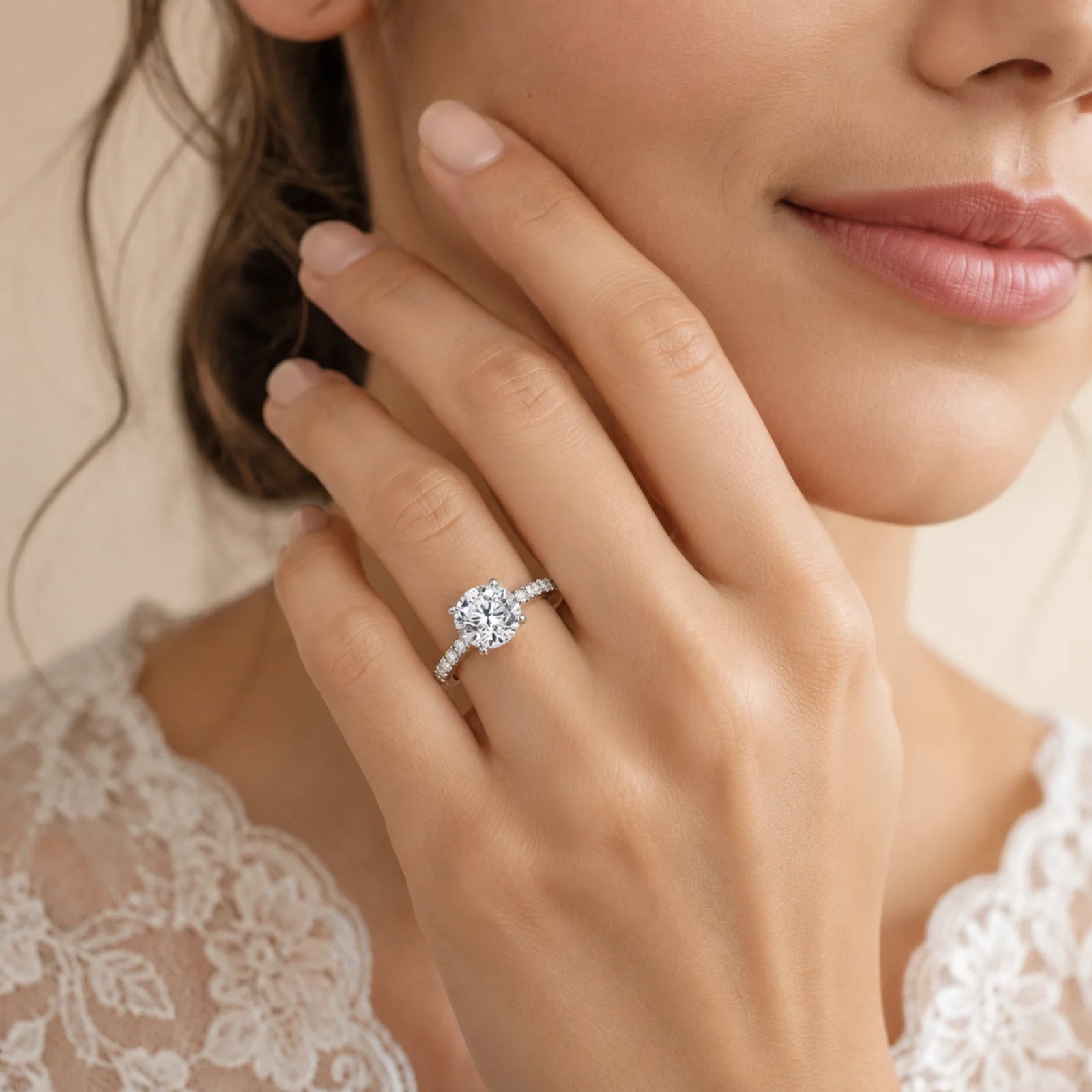 Round Brilliant Lab-Grown Diamond Solitaire Ring with Pavé Band - White