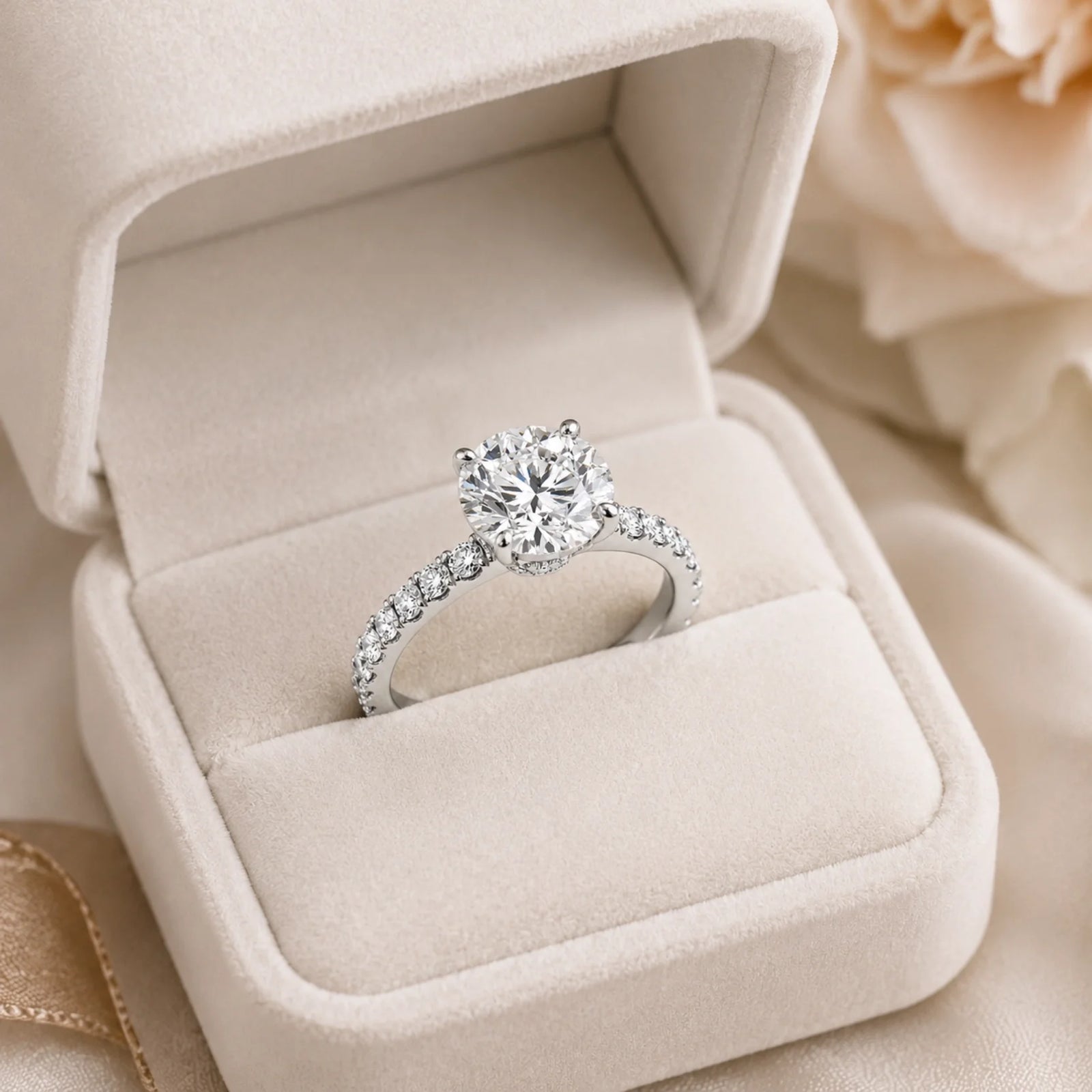 Round Brilliant Lab-Grown Diamond Solitaire Ring with Pavé Band - White