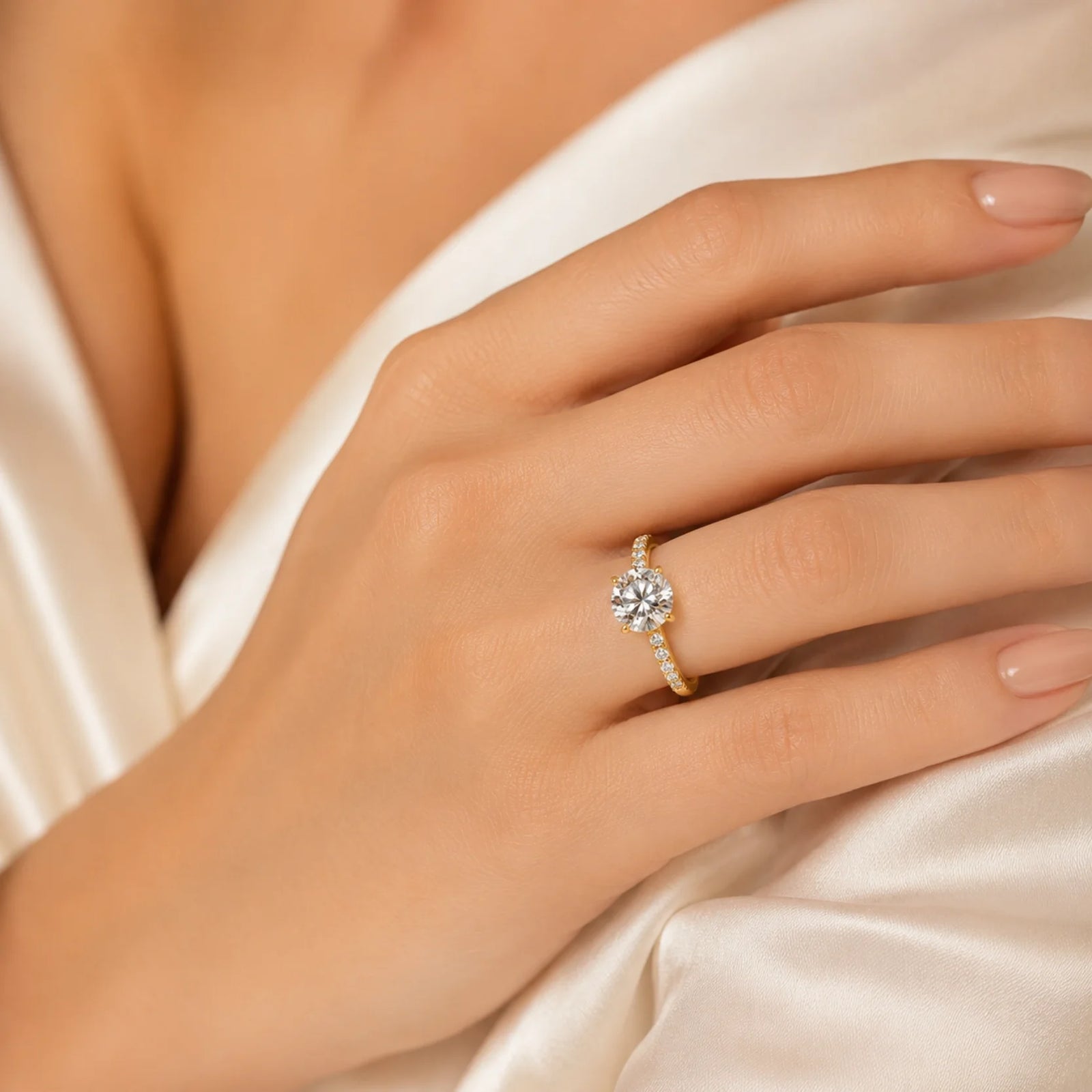 Round Brilliant Lab-Grown Diamond Solitaire Ring with Pavé Band - Yellow