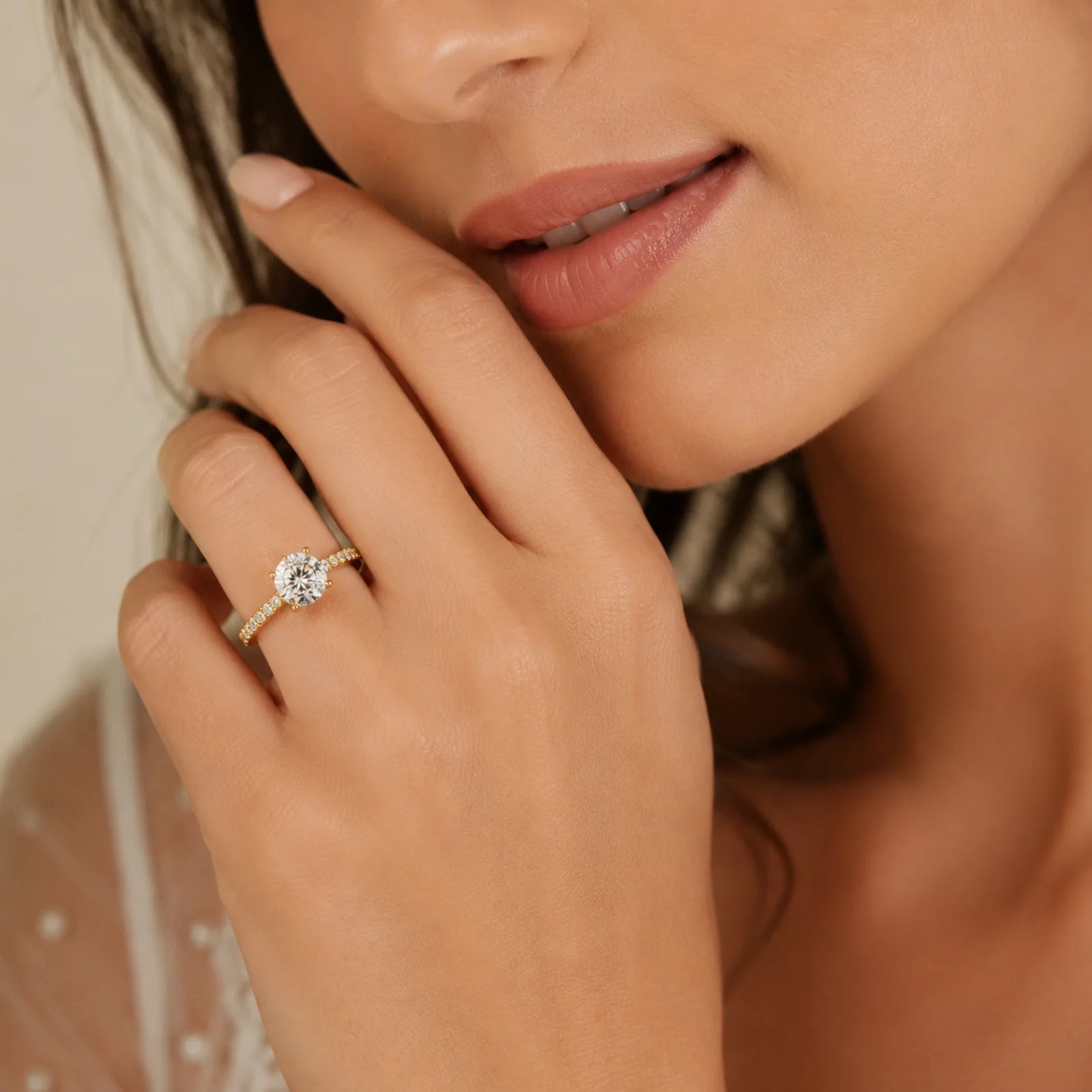 Round Brilliant Lab-Grown Diamond Solitaire Ring with Pavé Band - Yellow