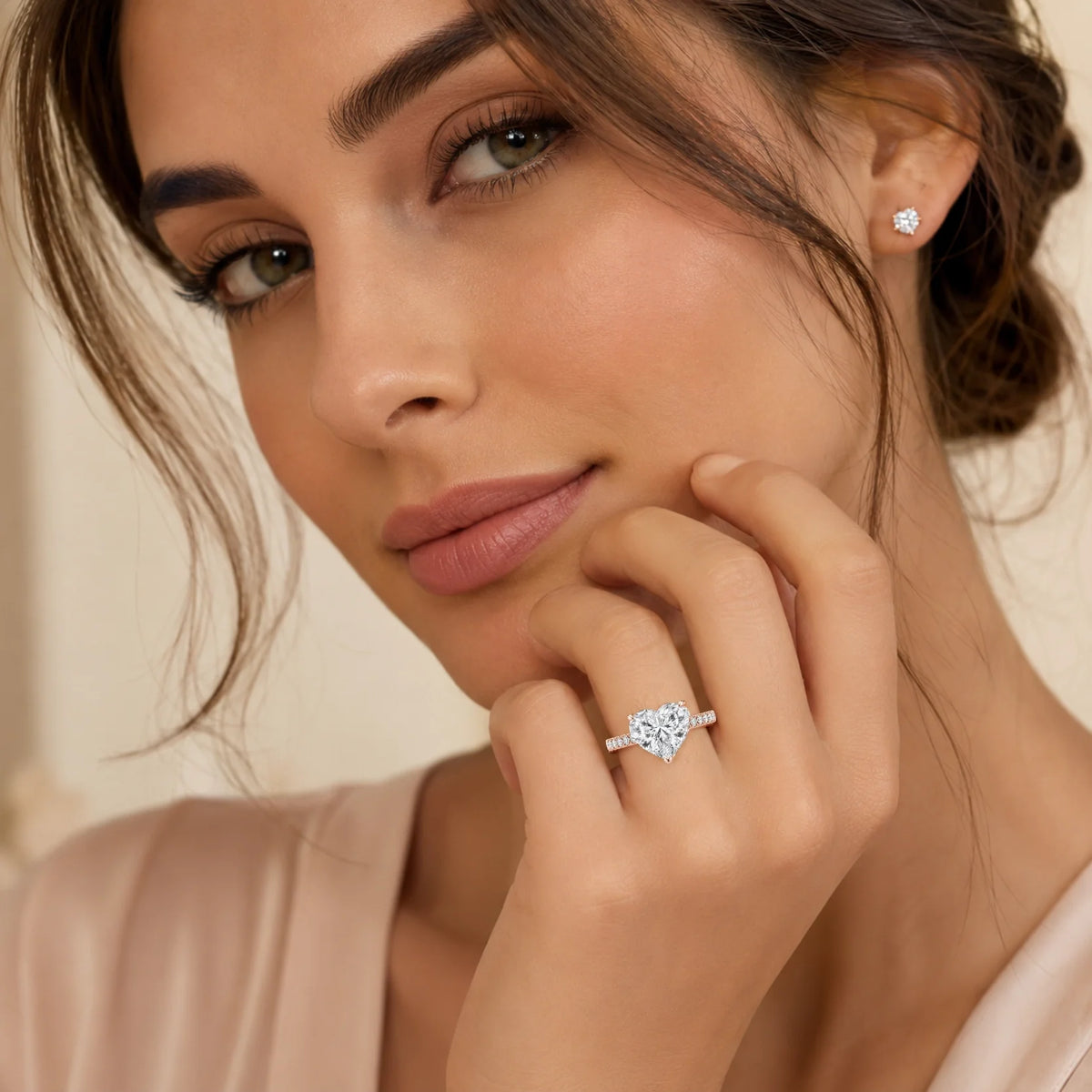 Heart Lab-Grown Diamond Solitaire Ring with Pavé Band - Rose