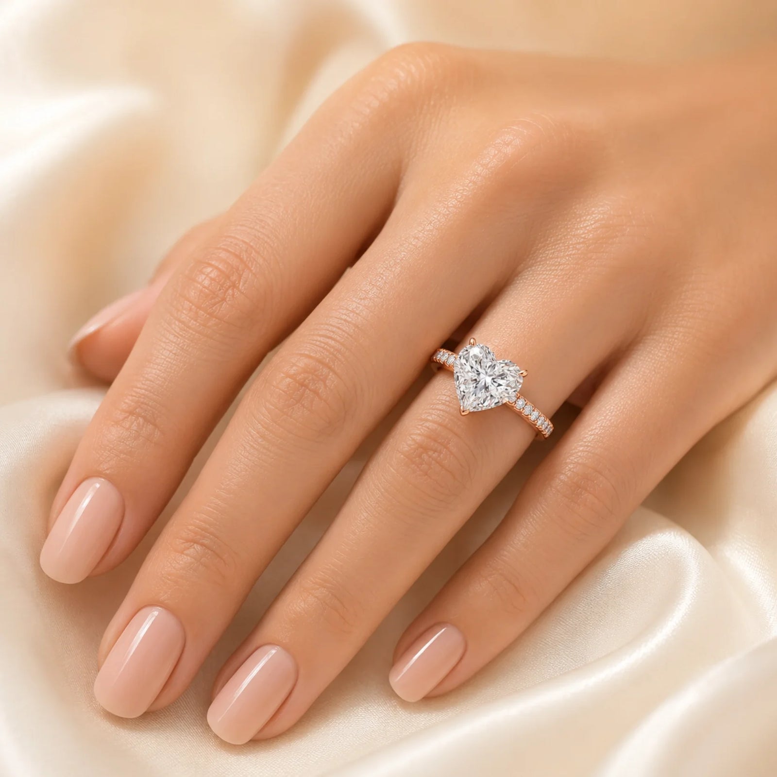 Heart Lab-Grown Diamond Solitaire Ring with Pavé Band - Rose