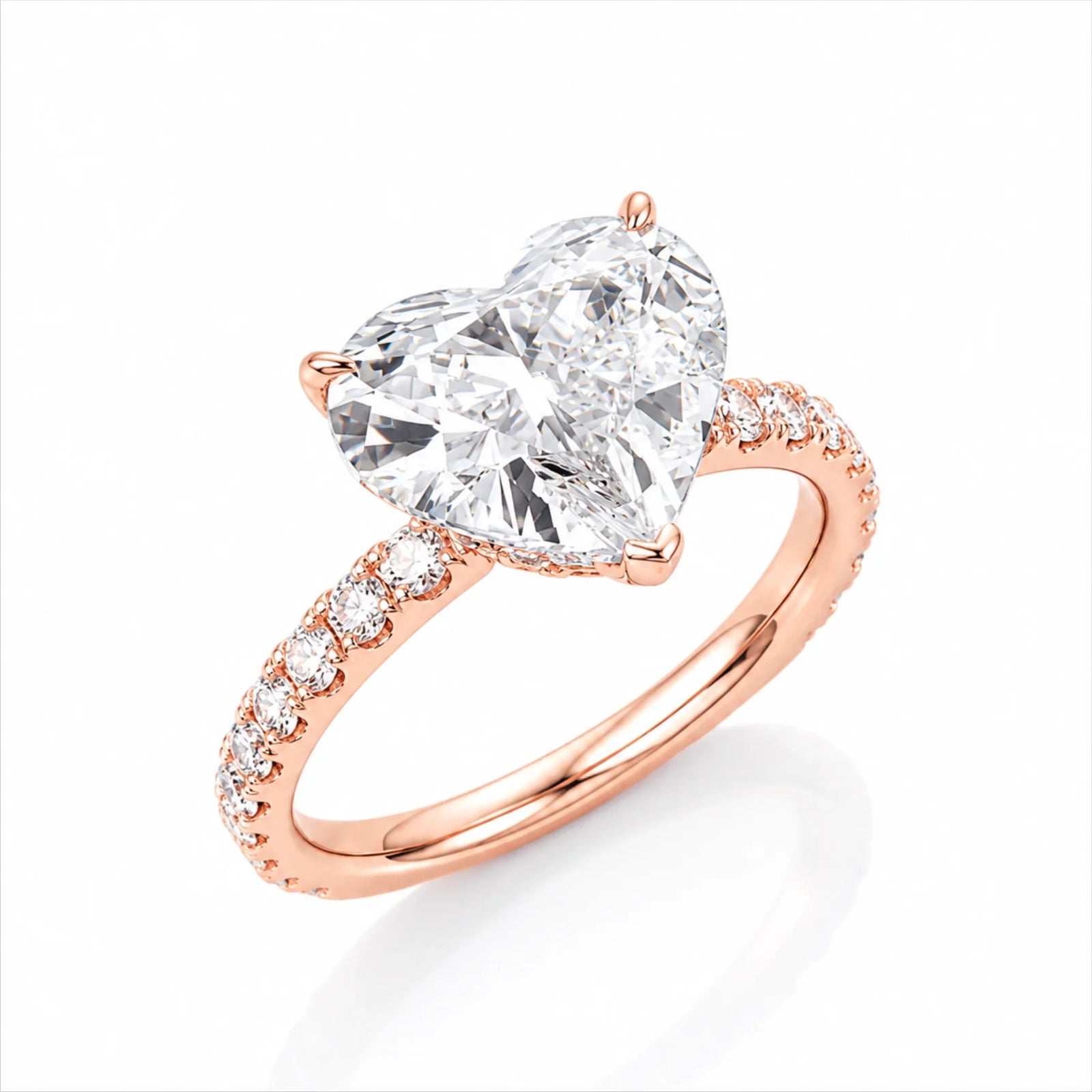 Heart Lab-Grown Diamond Solitaire Ring with Pavé Band - Rose