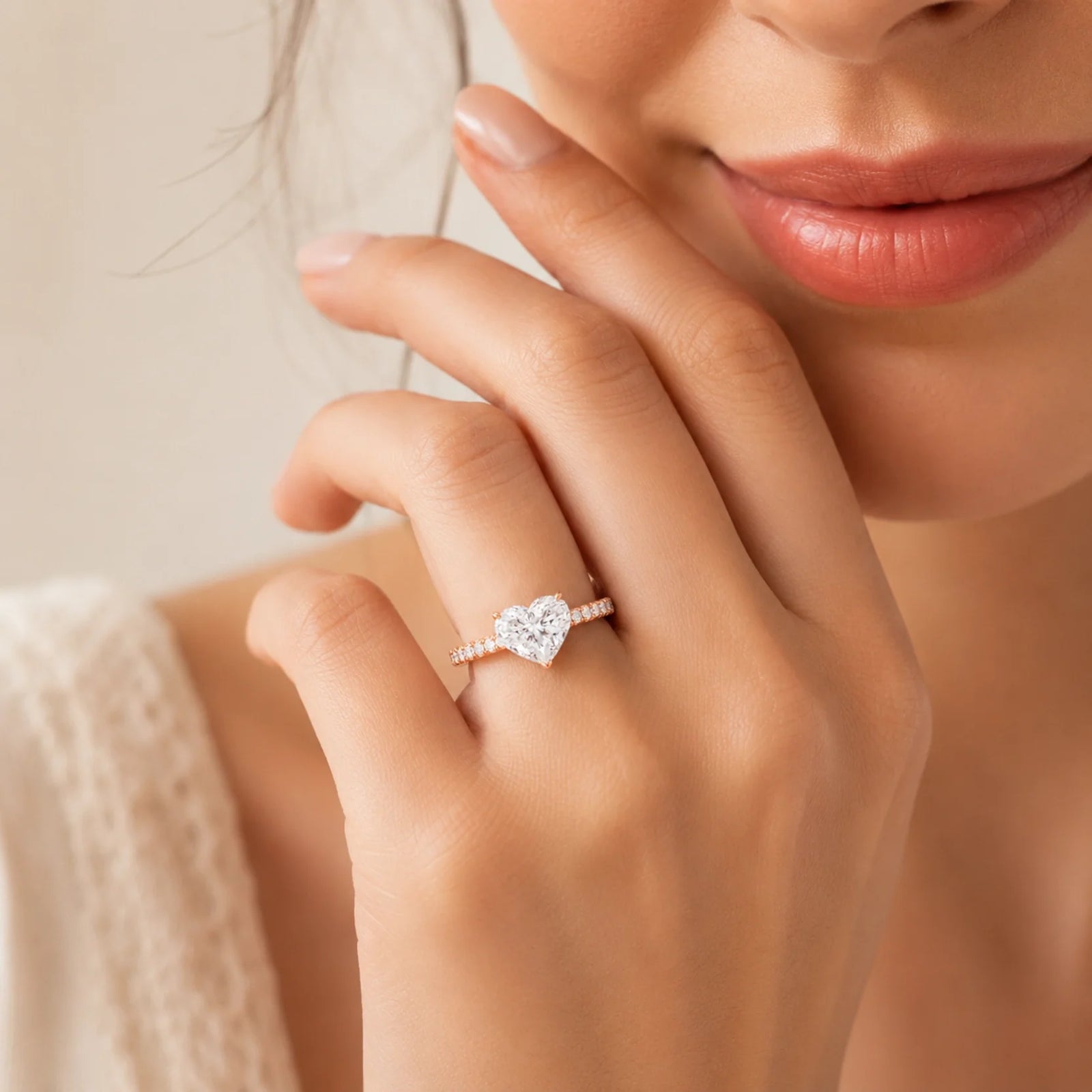 Heart Lab-Grown Diamond Solitaire Ring with Pavé Band - Rose