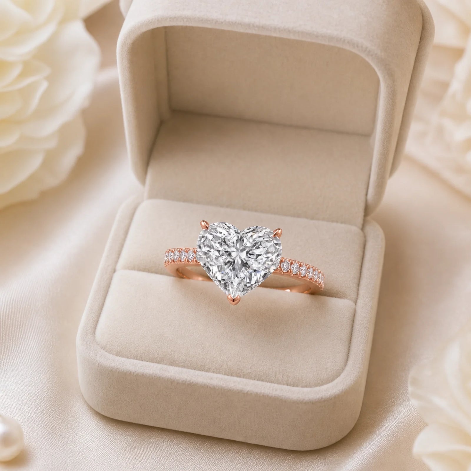 Heart Lab-Grown Diamond Solitaire Ring with Pavé Band - Rose