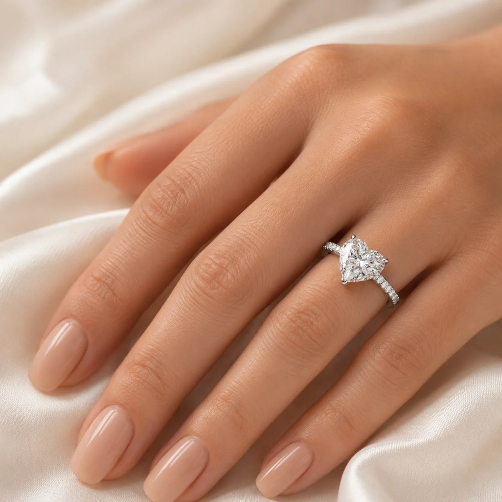 Heart Lab-Grown Diamond Solitaire Ring with Pavé Band - White