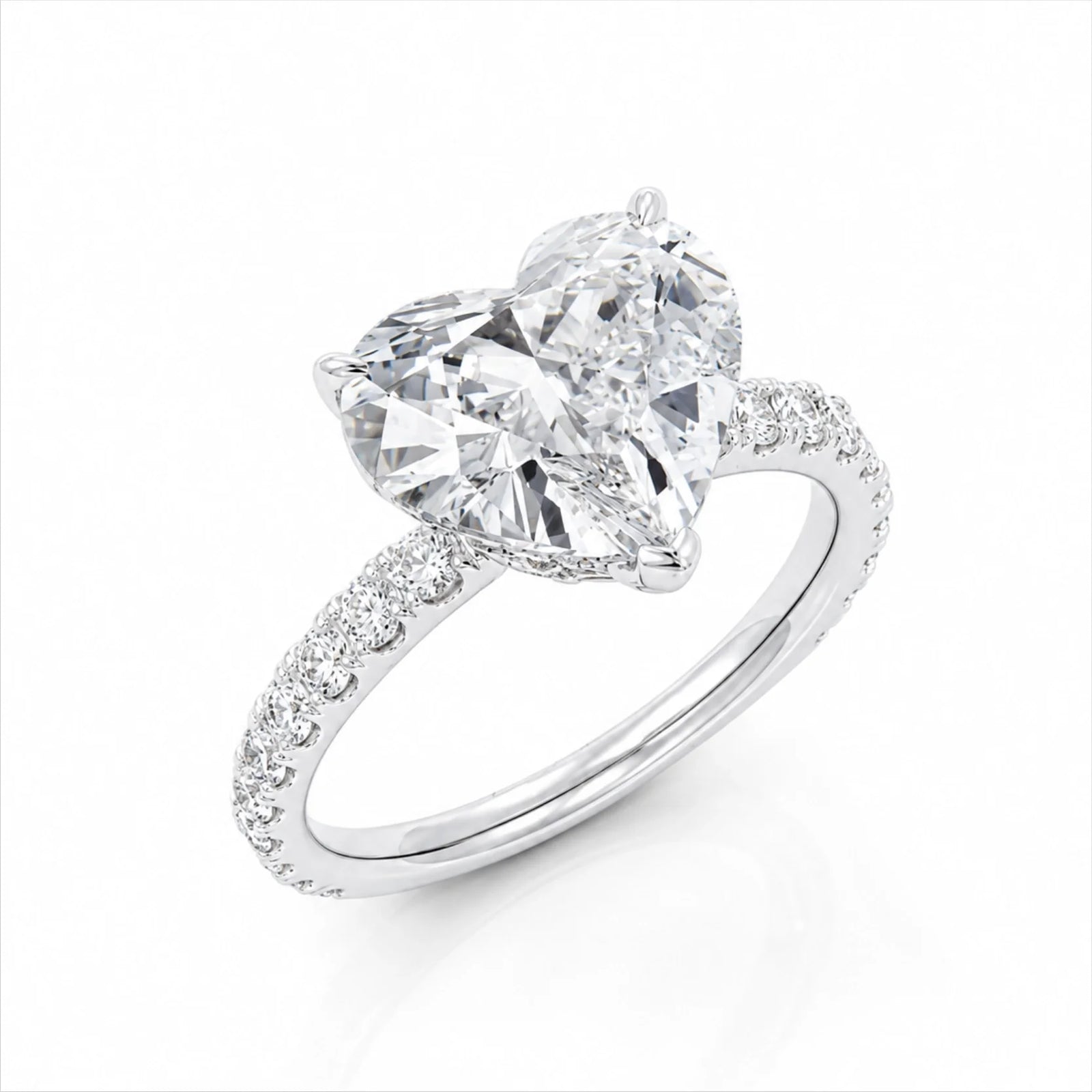 Heart Lab-Grown Diamond Solitaire Ring with Pavé Band - White